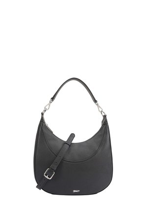 Black leather shoulder bag with a curved shape, adjustable strap, silver hardware, and subtle embossed logo on the front.