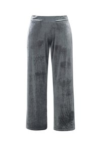 Graue Samt-Hosen mit weitem Bein, die eine glatte Textur und einen flachen Bund aufweisen. Sie haben einen subtilen Glanz und ein leichtes Muster über die gesamte Oberfläche.
