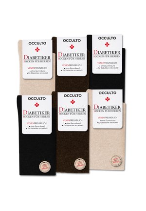 Sechs Paar Herren-Diabetikersocken in Beige, Braun und Schwarz, als venenfreundlich gekennzeichnet und ohne Gummibänder gestaltet.