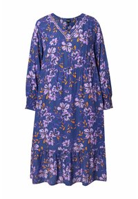 Blumenkleid in Dunkelblau mit lila und orangefarbenen Blumen, langen Ärmeln, V-Ausschnitt, gerafften Manschetten und einem gestuften Saum.