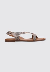 Sandalias planas con un upper de estampado de serpiente en tonos de beige y marrón, con una correa y cierre de hebilla, y una suela marrón.
