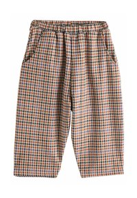 Spodnie w wzór houndstooth z elastycznym pasem, z kieszeniami, w kolorach pomarańczowym, czarnym, białym i fioletowym; luźny krój i długość do połowy łydki.