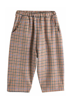 Hosen mit Hahnentrittmuster und elastischem Bund, mit Taschen, in den Farben Orange, Schwarz, Weiß und Lila; lockere Passform und knielange Länge.