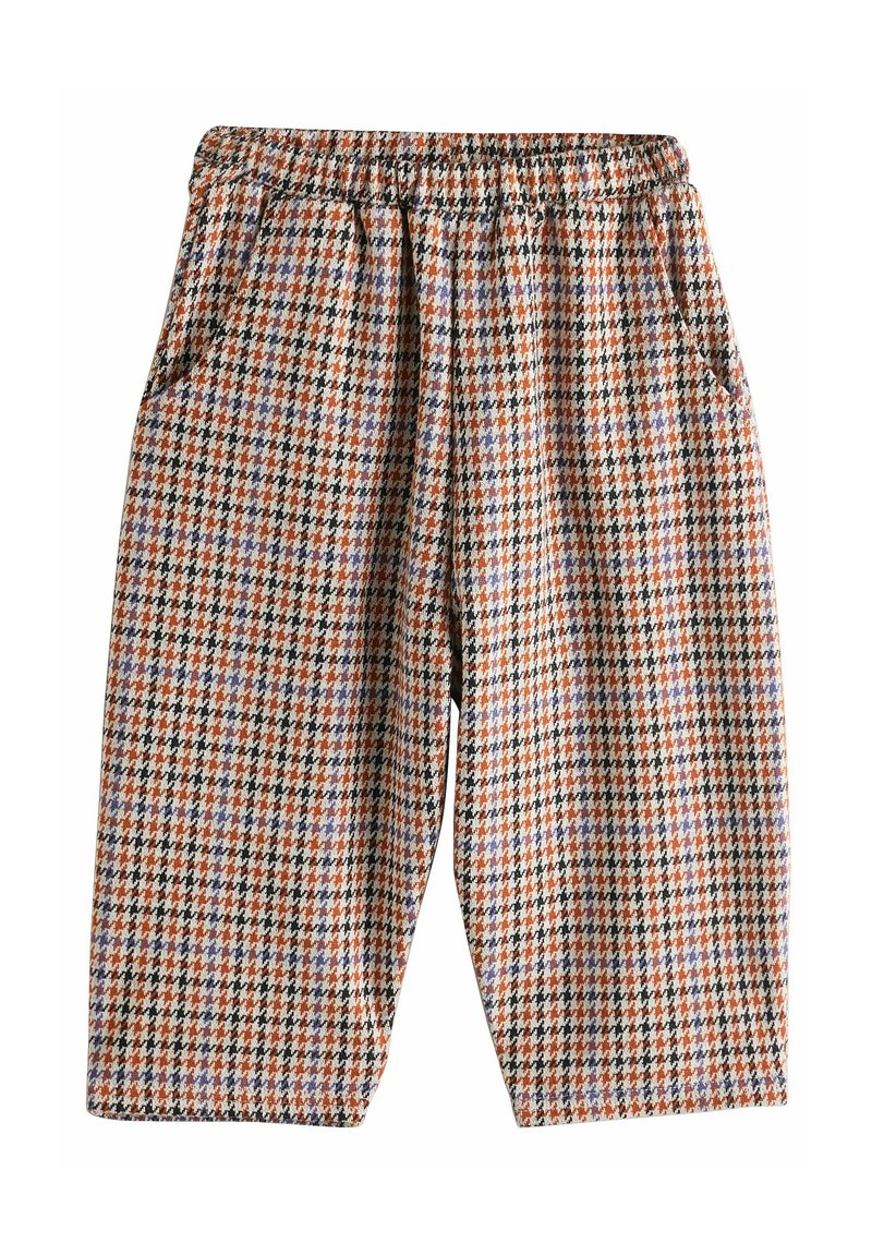 Spodnie w wzór houndstooth z elastycznym pasem, z kieszeniami, w kolorach pomarańczowym, czarnym, białym i fioletowym; luźny krój i długość do połowy łydki.