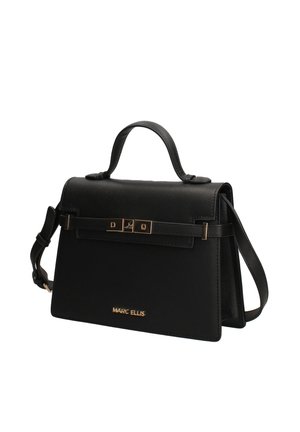 Zwarte gestructureerde leren handtas met bovenhandgreep, verstelbare schouderriem, gouden sluiting en Marc Ellis-logo aan de voorkant.