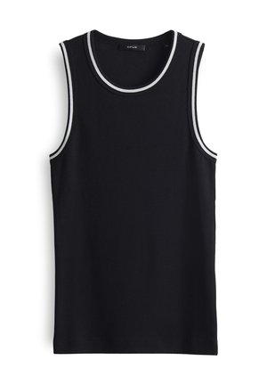 Black sleeveless tank top with a ribbed texture, featuring a rounded neckline and white accent trim along the collar and armholes.