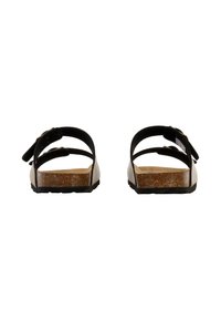 Black sandals with two adjustable straps, cork footbed, and textured rubber sole. Smooth finish with minimalistic design.