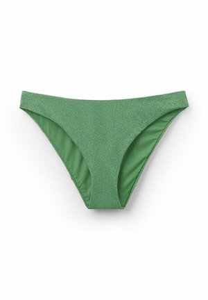 Mutandine verde a bikini con una superficie testurizzata e luccicante e un tessuto interno liscio. Presenta una cucitura moderata e un design senza cuciture.