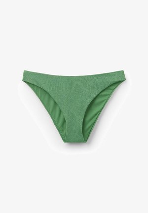 Grüner Bikini-Unterteil mit einer strukturierten, glitzernden Oberfläche und glattem Innenstoff. Verfügt über einen moderaten Schnitt und ein nahtloses Design.