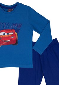 Set di camicia a maniche lunghe blu e pantaloni con auto da corsa animata rossa con faccia sorridente e testo "Pronta per la corsa" sul fronte della camicia.