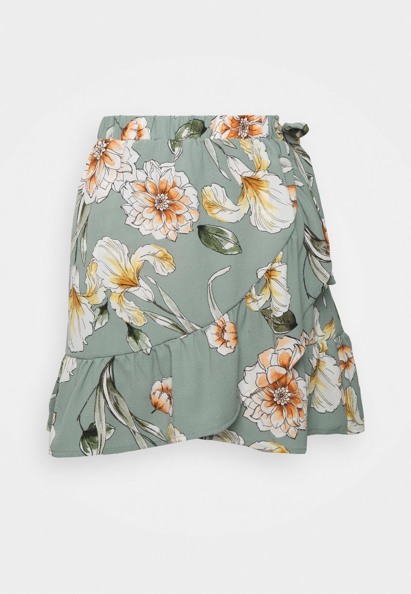Jupe portefeuille verte à imprimé floral orange et blanc avec un ourlet volanté, dotée d'un détail noué à la taille.