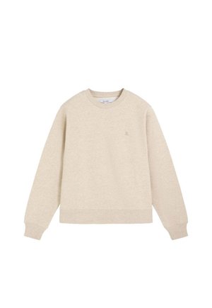 Sudadera beige de manga larga con cuello redondo, puños y dobladillo acanalados, diseño sencillo sobre fondo blanco.