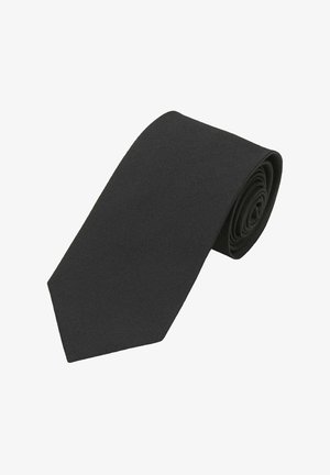 Schwarze Krawatte aus glattem Stoff, mit klassischem Design, schmaler, spitzer Spitze und gerollter Form. Keine Muster oder Akzente sichtbar.