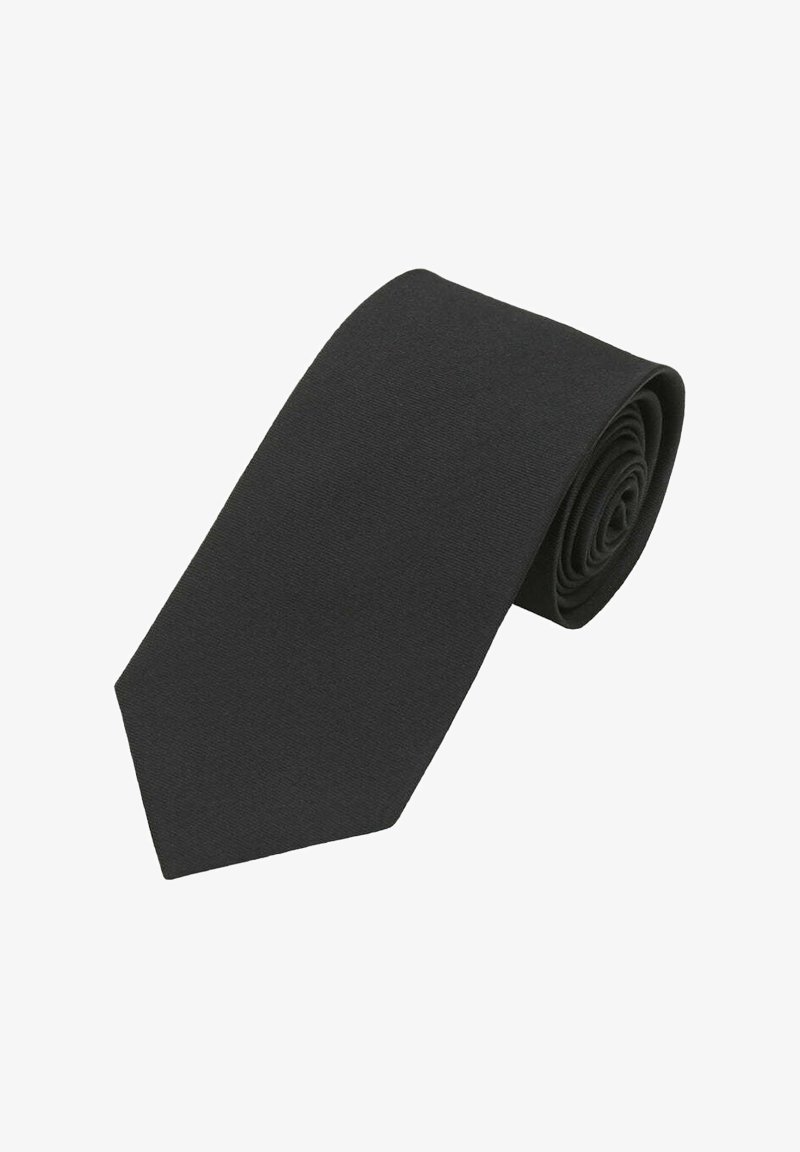 Schwarze Krawatte aus glattem Stoff, mit klassischem Design, schmaler, spitzer Spitze und gerollter Form. Keine Muster oder Akzente sichtbar.