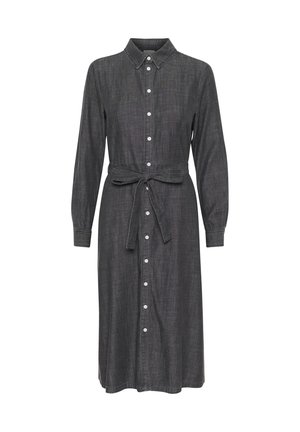 Sivina srajčna obleka iz blaga, podobnega jeansu. Ima dolge rokave, ovratnik, pas z vezavo in gumbe spredaj.