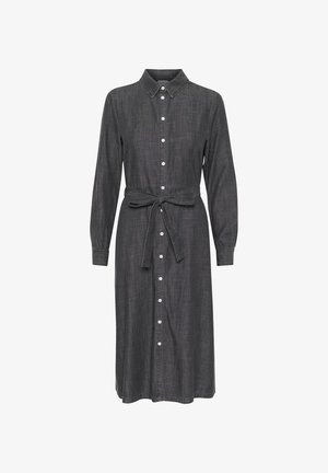 Gray button-up dress made of denim-like fabric. Features long sleeves, a collar, a tied waist belt, and buttons down the front.