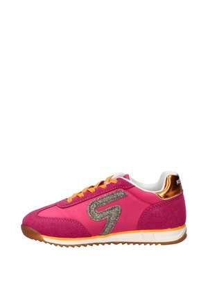 Bright pink sneaker with orange laces, glittery silver "S" on side, white interior, and metallic bronze heel accent, viewed from the side.