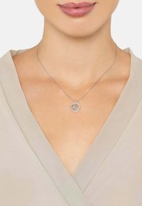 Hopeaketju hopeapendenti, jossa on pyöreä muotoilu ja lintua esittävä kuvio, koristeltu pienillä kirkkailla kivillä, jonka varassa on ohut ketju.