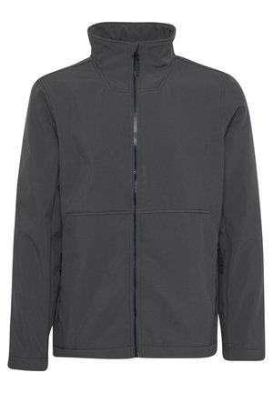 Giacca softshell grigia con colletto alto, chiusura frontale con zip e due tasche laterali; presenta una texture liscia e un design snello.