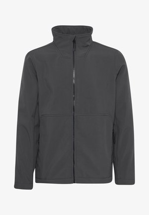 Chaqueta softshell gris con cuello alto, cierre frontal de cremallera y dos bolsillos laterales; presenta una textura suave y un diseño aerodinámico.