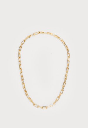 Goldfarbene Kettenhalskette aus länglichen Gliedern mit einer glatten Oberfläche, die ein einheitliches Muster und ein minimalistisches Design zeigt.