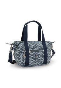 Blue patterned fabric bag with dual handles, adjustable shoulder strap, zipper pockets, and metal accents. Features geometric designs.