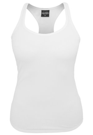 Débardeur blanc en tissu extensible, avec un col rond, un dos nageur et un devant sans coutures pour un aspect lisse.