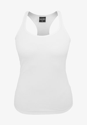 Hvit tanktopp laget av elastisk stoff, med scoop-hals, racerback-design og sømløs front for et glattere utseende.