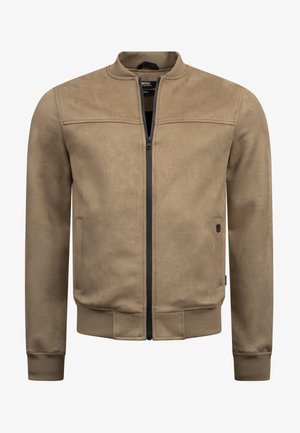 Braune Wildleder-Bomberjacke mit Reißverschluss, gerippten Bündchen und Saum. Sie hat seitliche Taschen und ein minimalistisches Design.