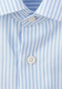 Svijetloplava prugasta košulja na kopčanje s uskim bijelim prugama, klasičnim ovratnikom i bijelim plastičnim gumbom. Mekana tekstura tkanine.