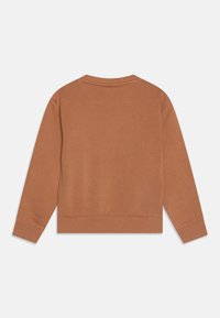 Bruine sweatshirt met ronde hals, gemaakt van zacht stof, met lange mouwen en ribgebreide manchetten en zoom, en een gladde, uniforme textuur.