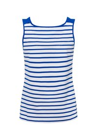 Ärmelloses Tanktop in Weiß mit blauen horizontalen Streifen. Rundhalsausschnitt, feste blaue Akzente an den Schultern, glatte Stoffstruktur.