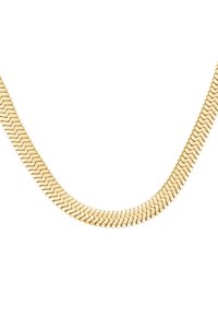 Collana in oro con catena caratterizzata da anelli piatti interconnessi con una superficie liscia e un sottile motivo a zigzag. Design curvo per una vestibilità aderente.