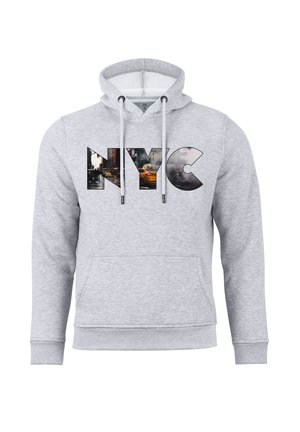 Gray hoodie features a large, cut-out "NYC" graphic filled with urban images. Includes a drawstring hood and a front pocket. Soft texture.