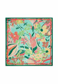 Foulard en soie carré présentant un motif floral vibrant dans des teintes de vert, rouge et jaune, border d'un bord vert uni.
