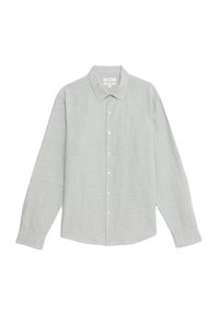 Camisa de manga larga gris claro con cuello abotonado, hecha de una tela texturizada, con seis botones frontales y puños rectos.