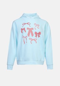 Felpa azzurra con cappuccio, caratterizzata da fiocchi grafici rosa in vari stili sul davanti. Tessuto morbido con polsini a coste.
