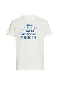 T-shirt bianco in cotone con una grafica blu che riporta la scritta "1981 LOS ANGELES GUESS California ATHLETIC.DEPT." sul davanti. Collo rotondo, maniche corte.