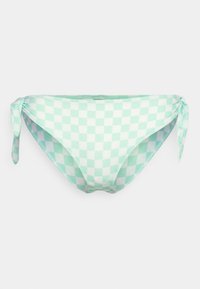 Biquíni de cor verde menta com um padrão xadrez, detalhes com amarração lateral e construção sem costura para um ajuste suave.