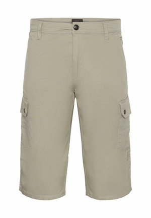 Knee-length beige cargo shorts made from lightweight fabric, featuring two side cargo pockets with button flaps and subtle stitching details.
