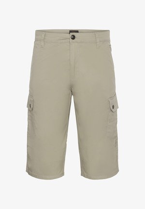 Knee-length beige cargo shorts made from lightweight fabric, featuring two side cargo pockets with button flaps and subtle stitching details.