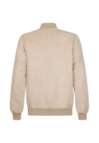 Beige bomberjakke med en blød, ruskindslignende tekstur, ribbet krave, manchetter og linning; har et rent, minimalistisk design.