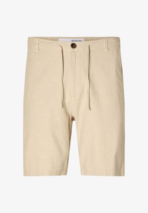 Beežist lina šortsid, millel on nööriga vöö, üks nupplukustus ja tekstuuriga kangas. Looduslik stiil, põlvekohale ulatuv lõige.