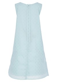 Vestito blu chiaro con design senza maniche, motivo a pois e chiusura con zip sul retro. Tessuto morbido con una forma A-line pulita.