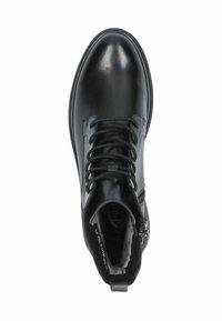 Schwarze Leder-Ankle-Boots mit glatter Oberfläche, runder Zehenpartie, Schnürung vorne, seitlichem Reißverschluss und weichem Innenfutter.