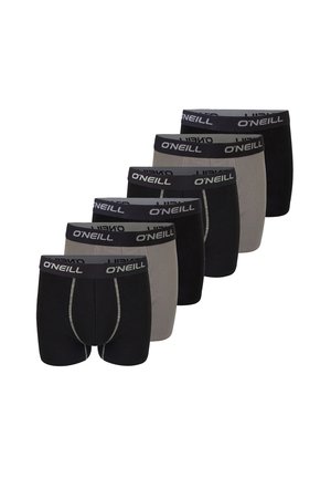 Sechs Paare Herren-Boxershorts in Schwarz und Grau, in einer versetzten Linie angeordnet, jeweils mit einem schwarzen Taillenbund mit dem "O'NEILL"-Logo.
