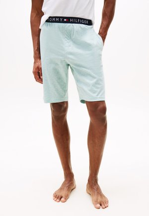 Helle blaue Baumwollshorts mit strukturiertem Finish und einem schwarzen Bund mit dem Logo "TOMMY HILFIGER". Mit Seitentaschen.