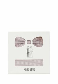 Patroon strik in roze en wit, verpakt met een illustratie van een stel. Doos gelabeld "ECHTE JONGENS." Getextureerde stof.