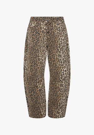 Leopardenmuster-Hosen in einem Braun-, Beige- und Schwarzfarbschema. Hergestellt aus weichem Stoff, mit lässiger Passform und Seitentaschen.