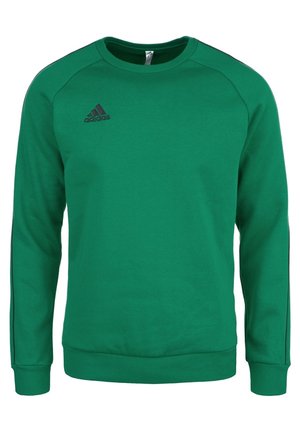 Zielona bluza Adidas z okrągłym dekoltem, długimi rękawami i czarnym logo Adidas na lewej piersi.